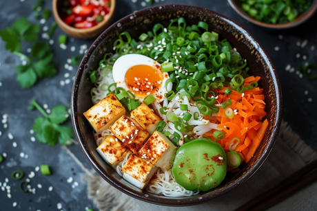 Vegetarische Ramen mit frittiertem Tofu, Bambussprossen und Ei